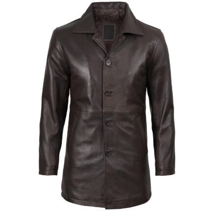 Men's Distressed Dark Brown Leather Car Coat